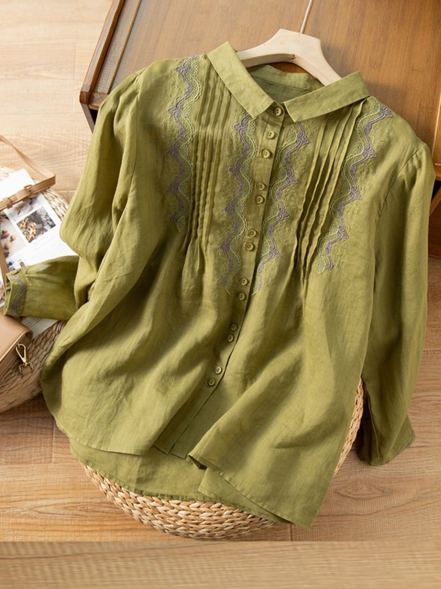Loose Vintage Solid Embroidered Ramie Shirt Long Sleeve