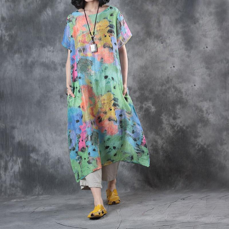 multe print baggy silk linen dresses casual loose sundress short sleeve maxi dress - Omychic