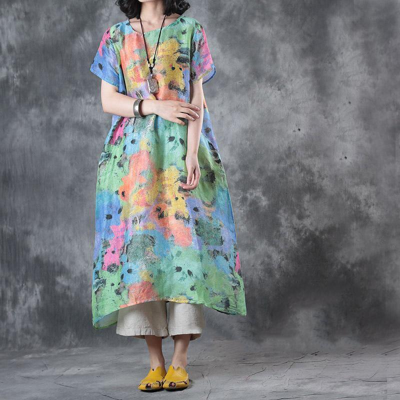 multe print baggy silk linen dresses casual loose sundress short sleeve maxi dress - Omychic