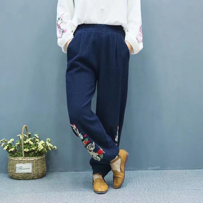 navy casual linen trousers plus size embroidery lantern pants - Omychic