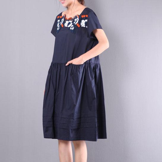 navy baggy loose linen dresses embroidery plus size sundress drawstring short sleeve mid dress - Omychic