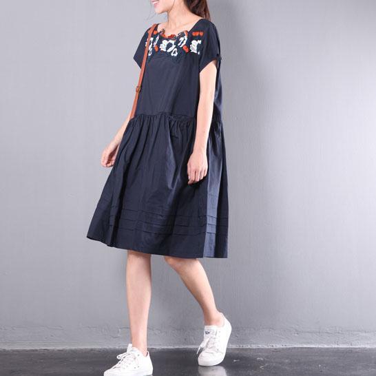 navy baggy loose linen dresses embroidery plus size sundress drawstring short sleeve mid dress - Omychic
