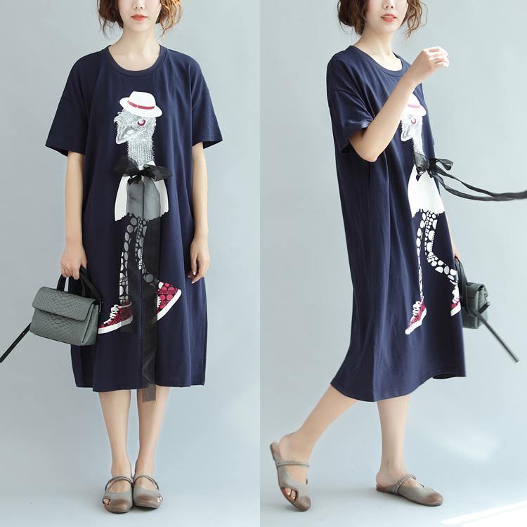 navy cartoon print cotton summer dress casual plus szie sundress short sleeve maxi dress - Omychic