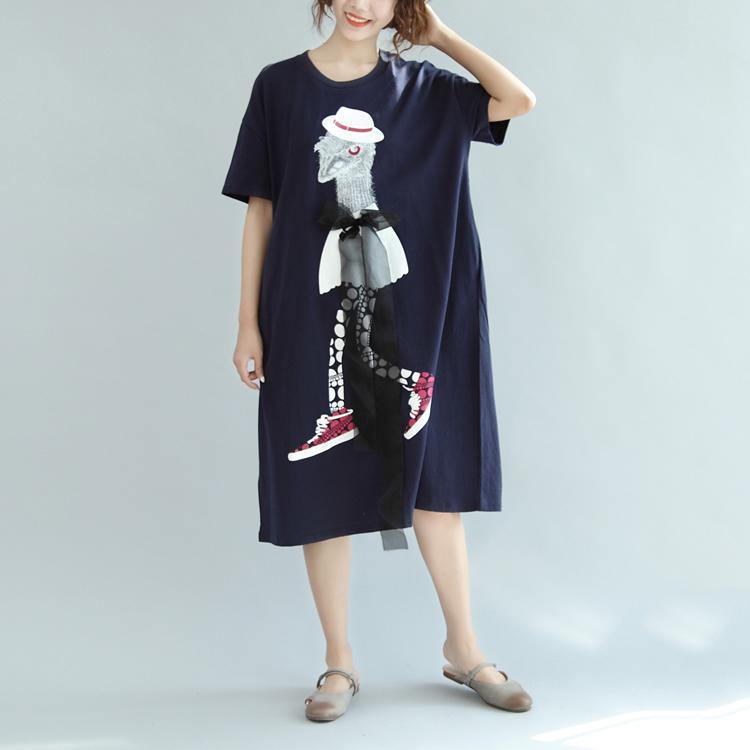 navy cartoon print cotton summer dress casual plus szie sundress short sleeve maxi dress - Omychic