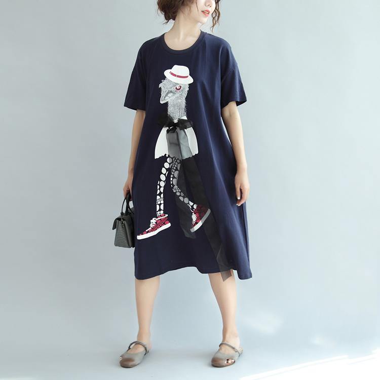 navy cartoon print cotton summer dress casual plus szie sundress short sleeve maxi dress - Omychic