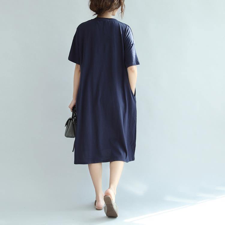 navy cartoon print cotton summer dress casual plus szie sundress short sleeve maxi dress - Omychic