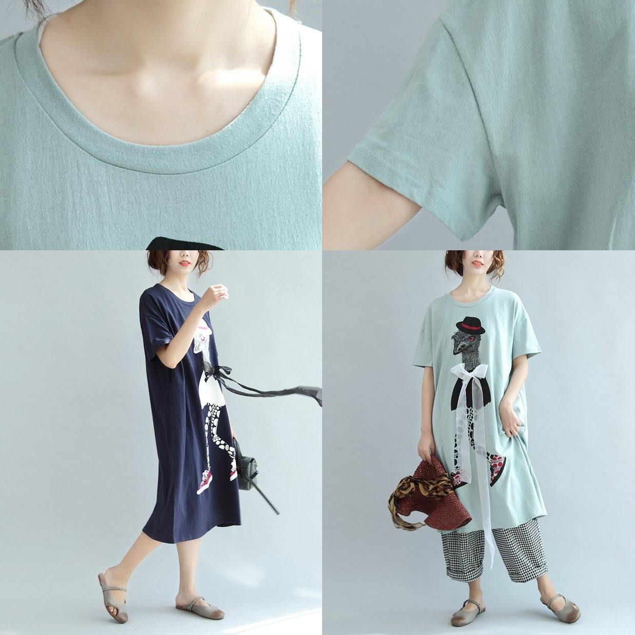 navy cartoon print cotton summer dress casual plus szie sundress short sleeve maxi dress - Omychic