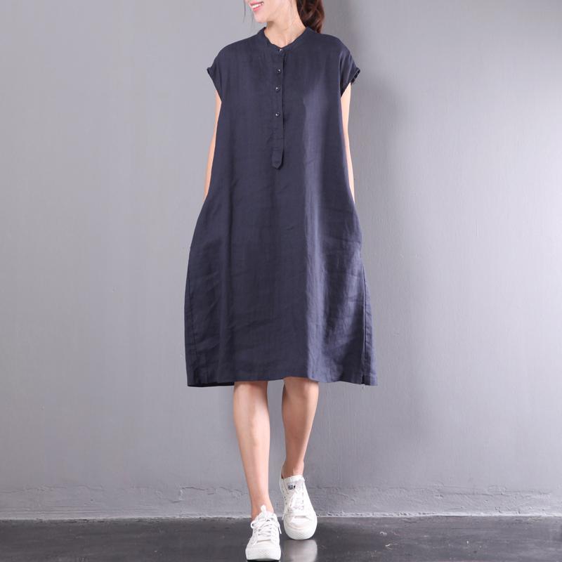 navy casual linen dresses plus size button sundress short sleeve maxi dress - Omychic