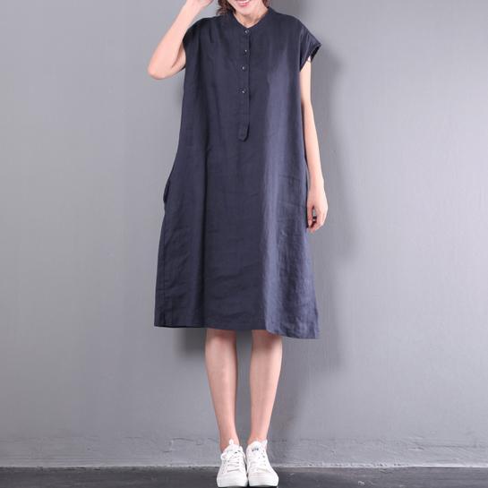 navy casual linen dresses plus size button sundress short sleeve maxi dress - Omychic