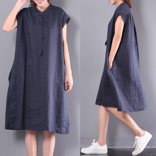 navy casual linen dresses plus size button sundress short sleeve maxi dress - Omychic