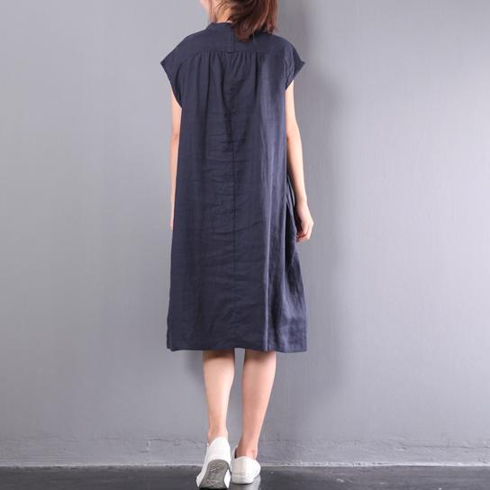 navy casual linen dresses plus size button sundress short sleeve maxi dress - Omychic