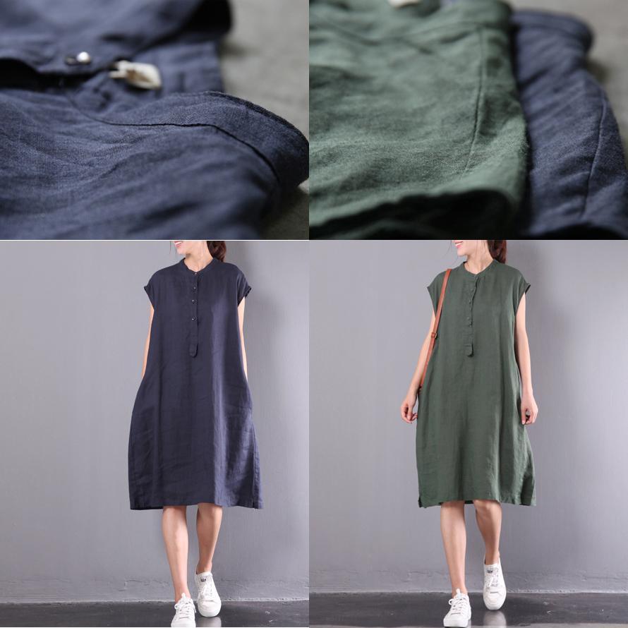 navy casual linen dresses plus size button sundress short sleeve maxi dress - Omychic