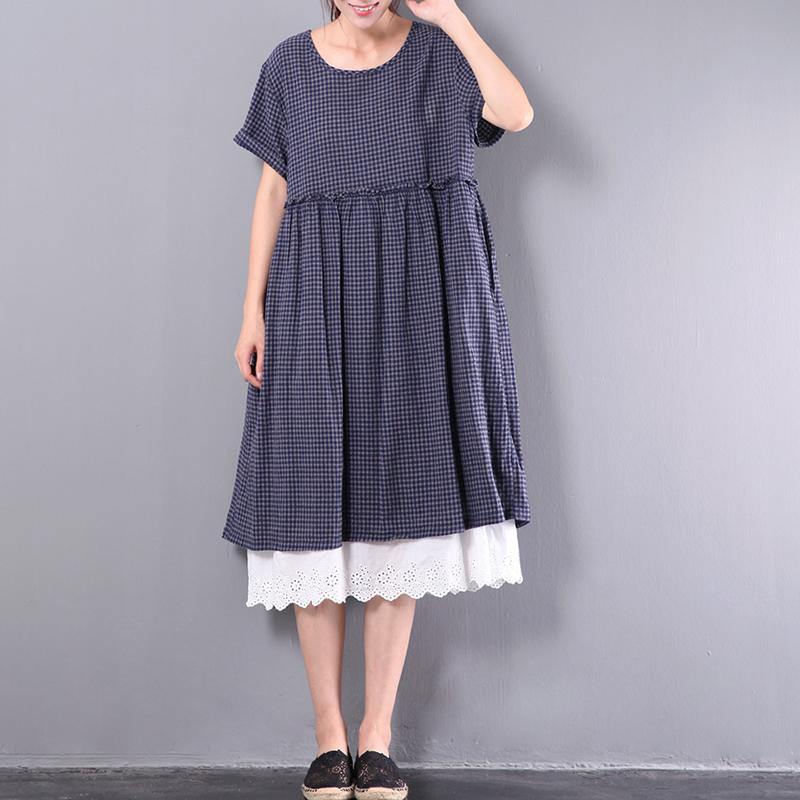 navy grid casual cotton sundress lace patchwork baggy dresses short sleeve maxi dress - Omychic