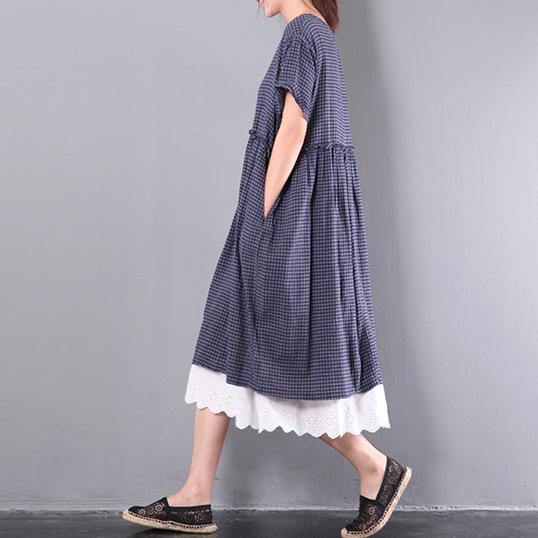 navy grid casual cotton sundress lace patchwork baggy dresses short sleeve maxi dress - Omychic