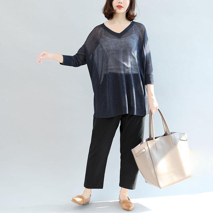 navy knitting casual tops plus size pullover v neck t shirt - Omychic
