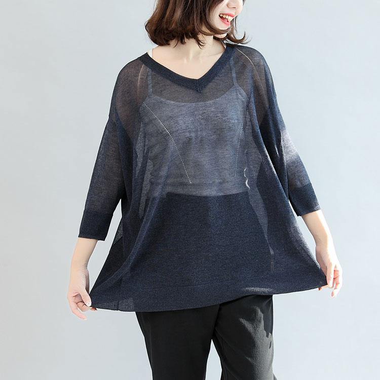 navy knitting casual tops plus size pullover v neck t shirt - Omychic