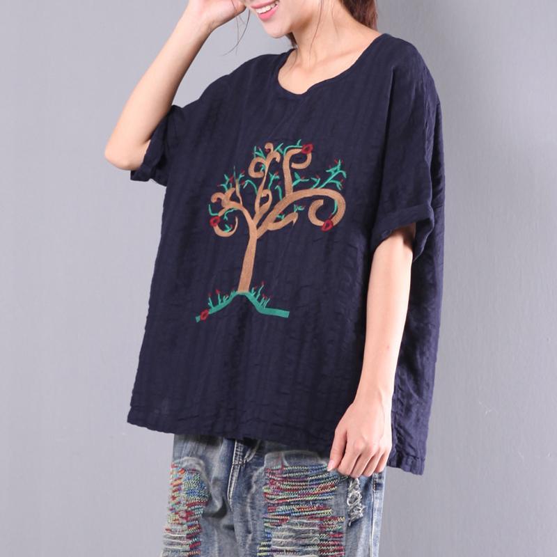 navy peace tree embroidery linen tops plus size casual t shirt - Omychic