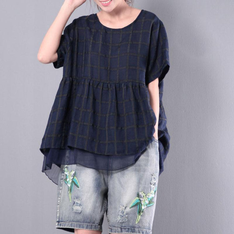 navy plaid casual linen pullover oversize tops patchwork chiffon t shirt - Omychic