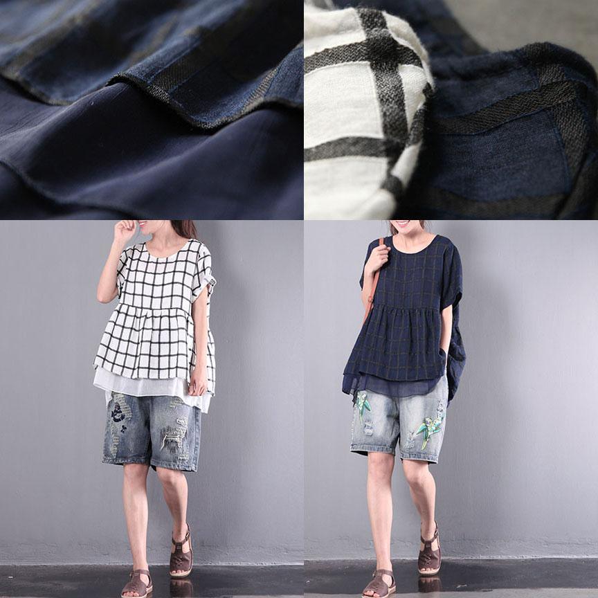 navy plaid casual linen pullover oversize tops patchwork chiffon t shirt - Omychic
