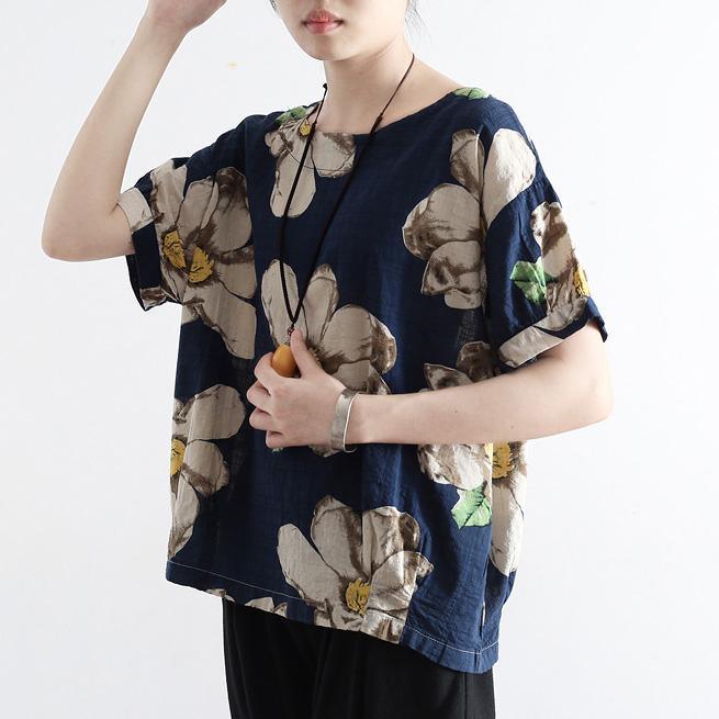 Navy Prints Linen Tops Oversize Casual Pullover Short Sleeve T Shirt - Omychic