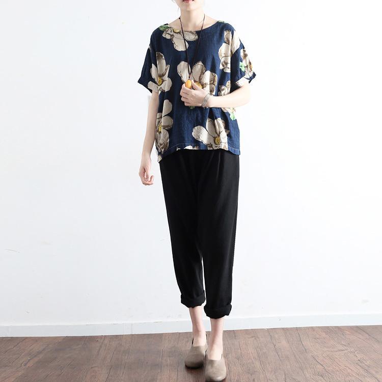 Navy Prints Linen Tops Oversize Casual Pullover Short Sleeve T Shirt - Omychic