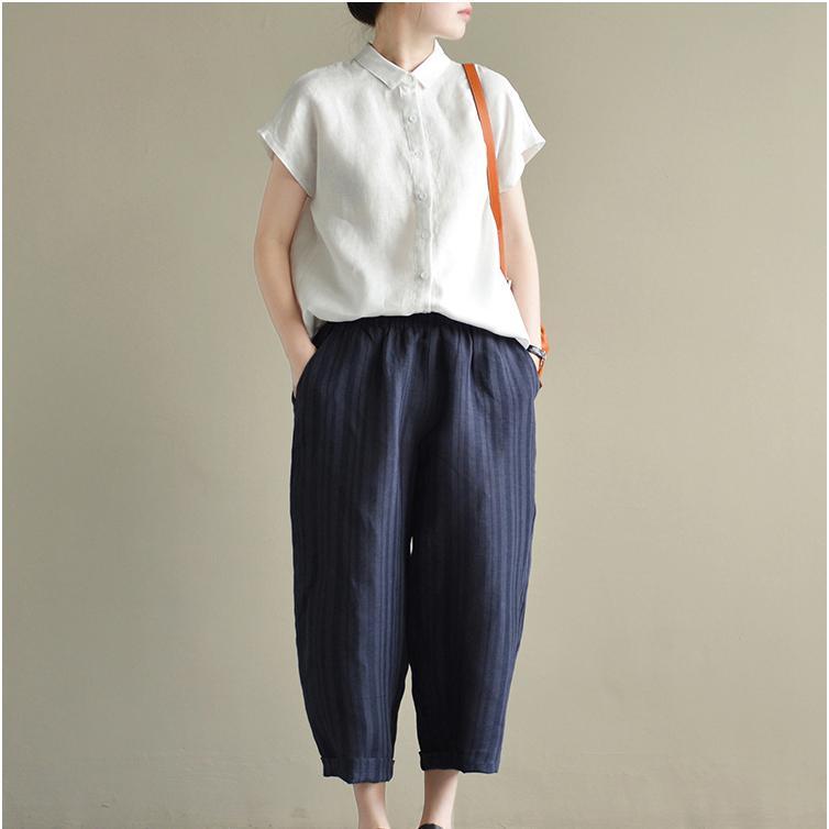 navy striped linen pants plus size casual crop pants elastic waist slim women pants - Omychic
