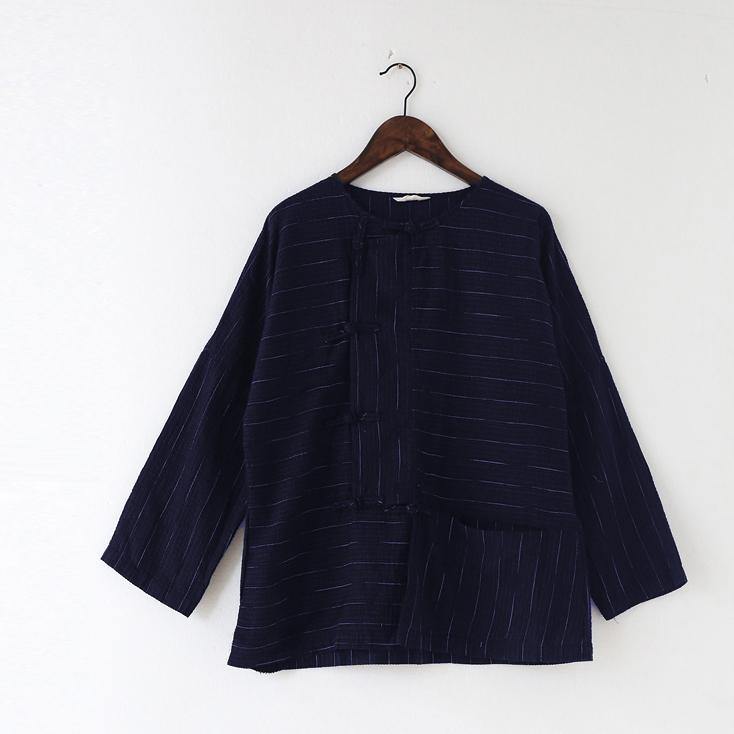 navy striped linen pullover oversize casual t shirt long sleeve tops - Omychic