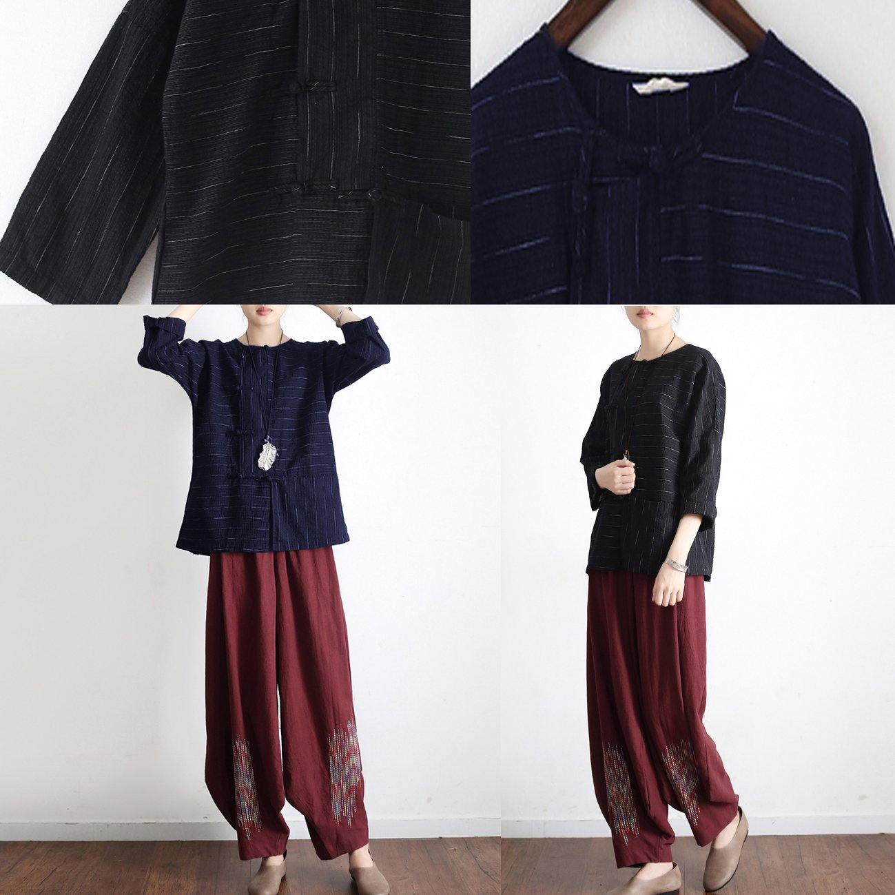navy striped linen pullover oversize casual t shirt long sleeve tops - Omychic