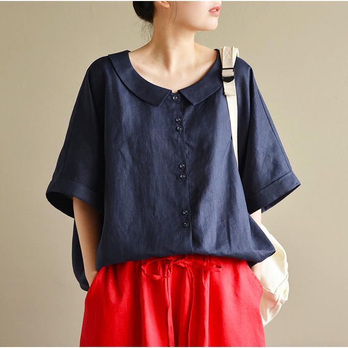 navy stylish linen tops plus size casual blouse bracelet sleeved shirts - Omychic