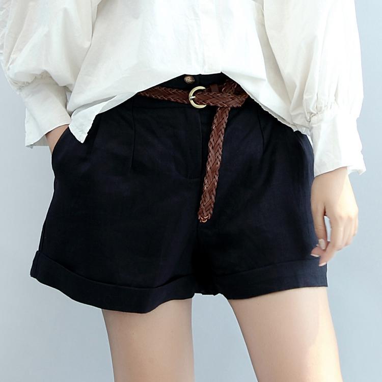 navy summer linen hot pants elastic waist shorts - Omychic