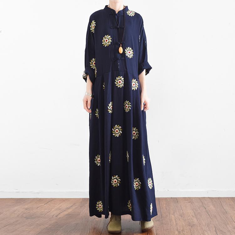 navy summer linen maxi dress vintage oversize baggy dresses print casual caftans - Omychic