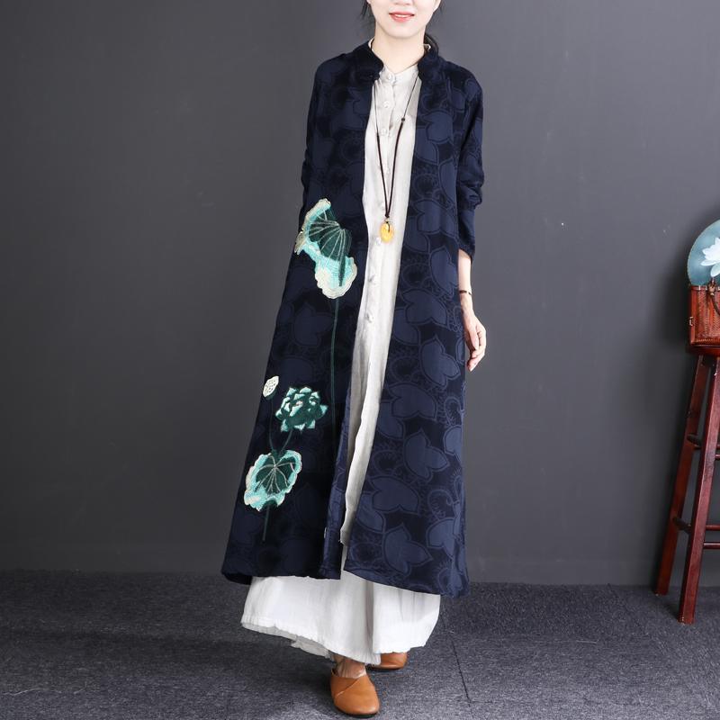 new 2018 casaul navy embroidery linen cardigan oversize fashion women maxi trench coats - Omychic