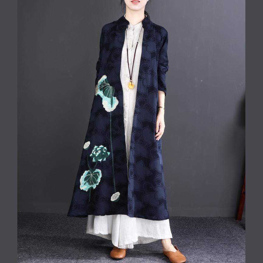 new 2018 casaul navy embroidery linen cardigan oversize fashion women maxi trench coats - Omychic