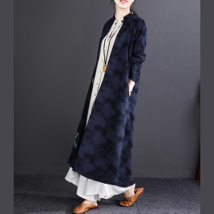 new 2018 casaul navy embroidery linen cardigan oversize fashion women maxi trench coats - Omychic