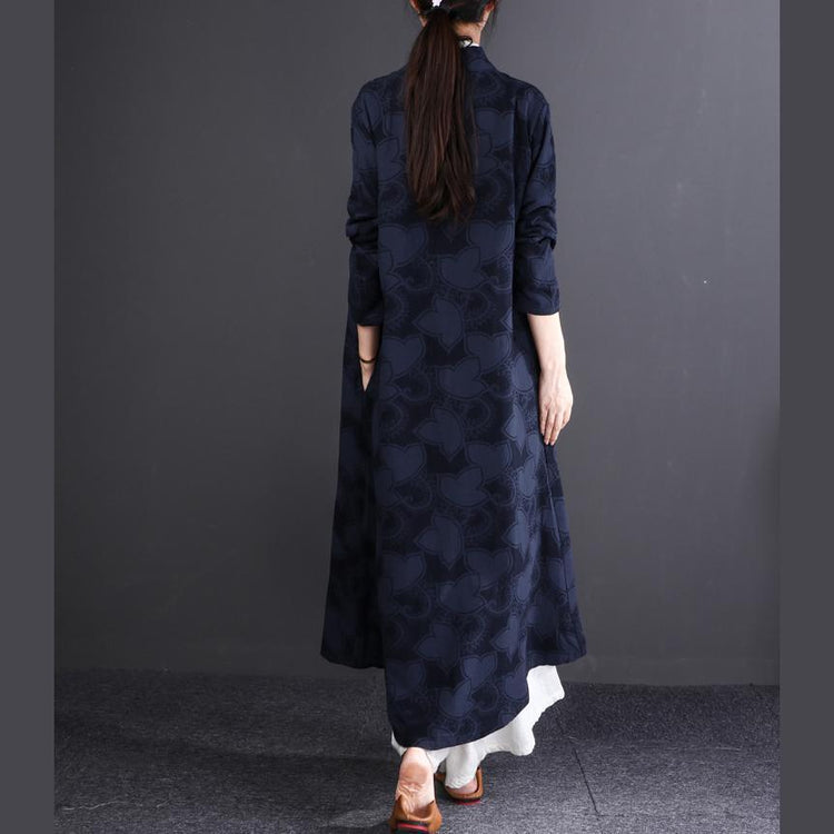 new 2018 casaul navy embroidery linen cardigan oversize fashion women maxi trench coats - Omychic