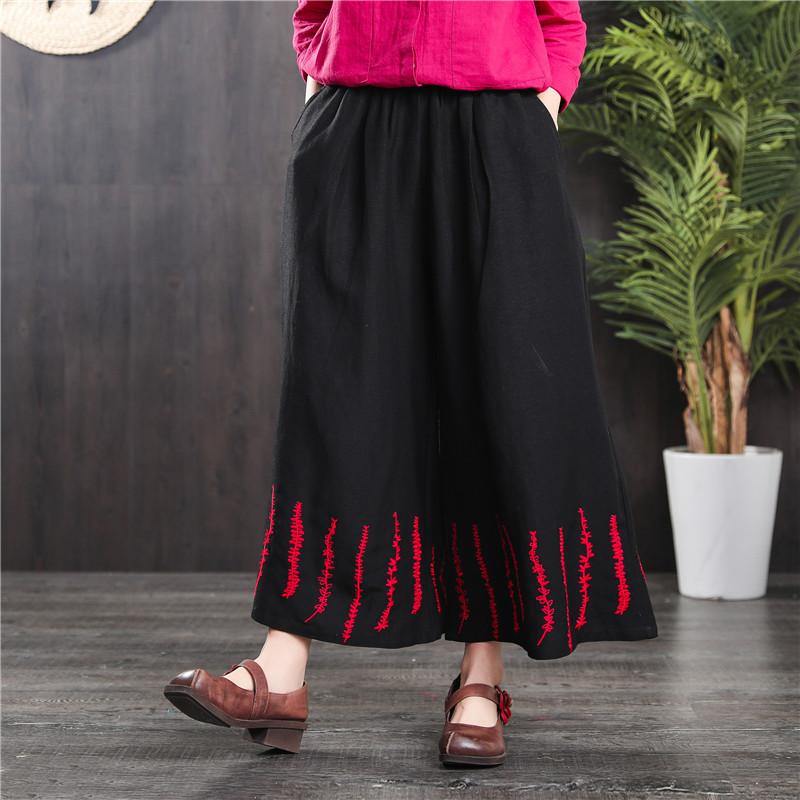 new 2019 black linen embroidery trousers loose slim wide leg pants - Omychic