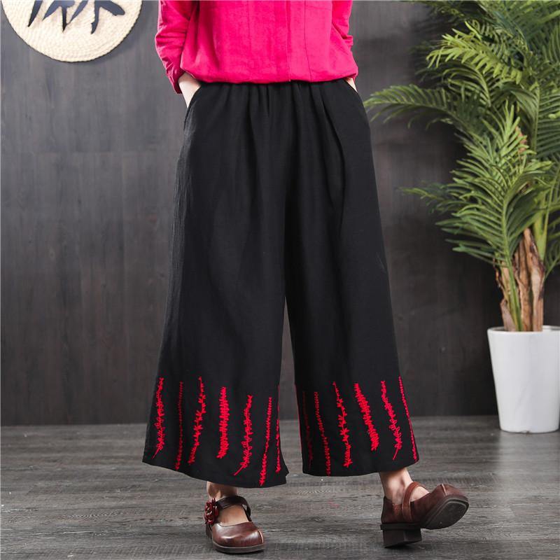 new 2019 black linen embroidery trousers loose slim wide leg pants - Omychic