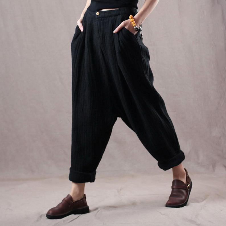 new black oversize linen trousers women vintage pants - Omychic