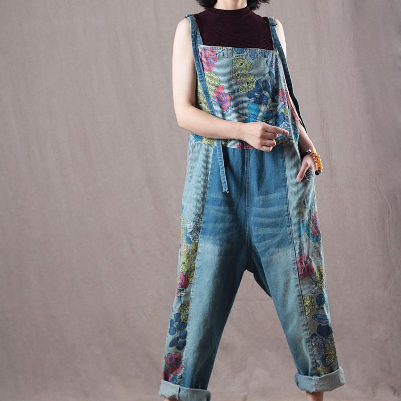new blue prints denim trousers women baggy cotton casual jumpsuit pants - Omychic