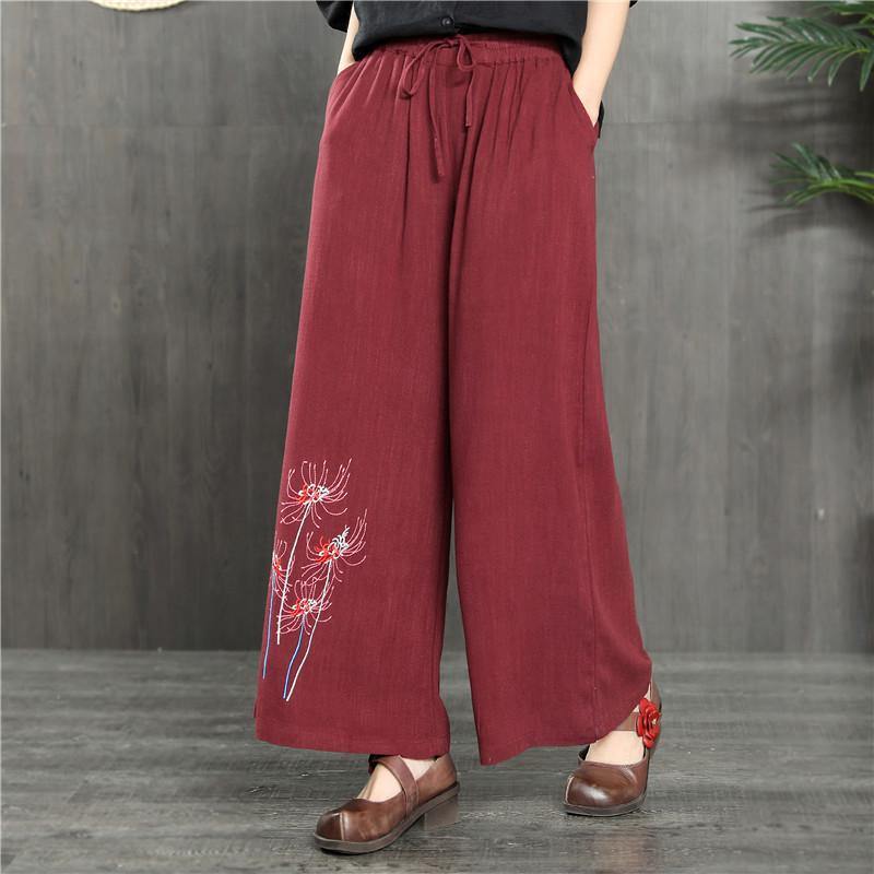 new burgundy linen embroidery wide leg pants plus size slim women trousers - Omychic