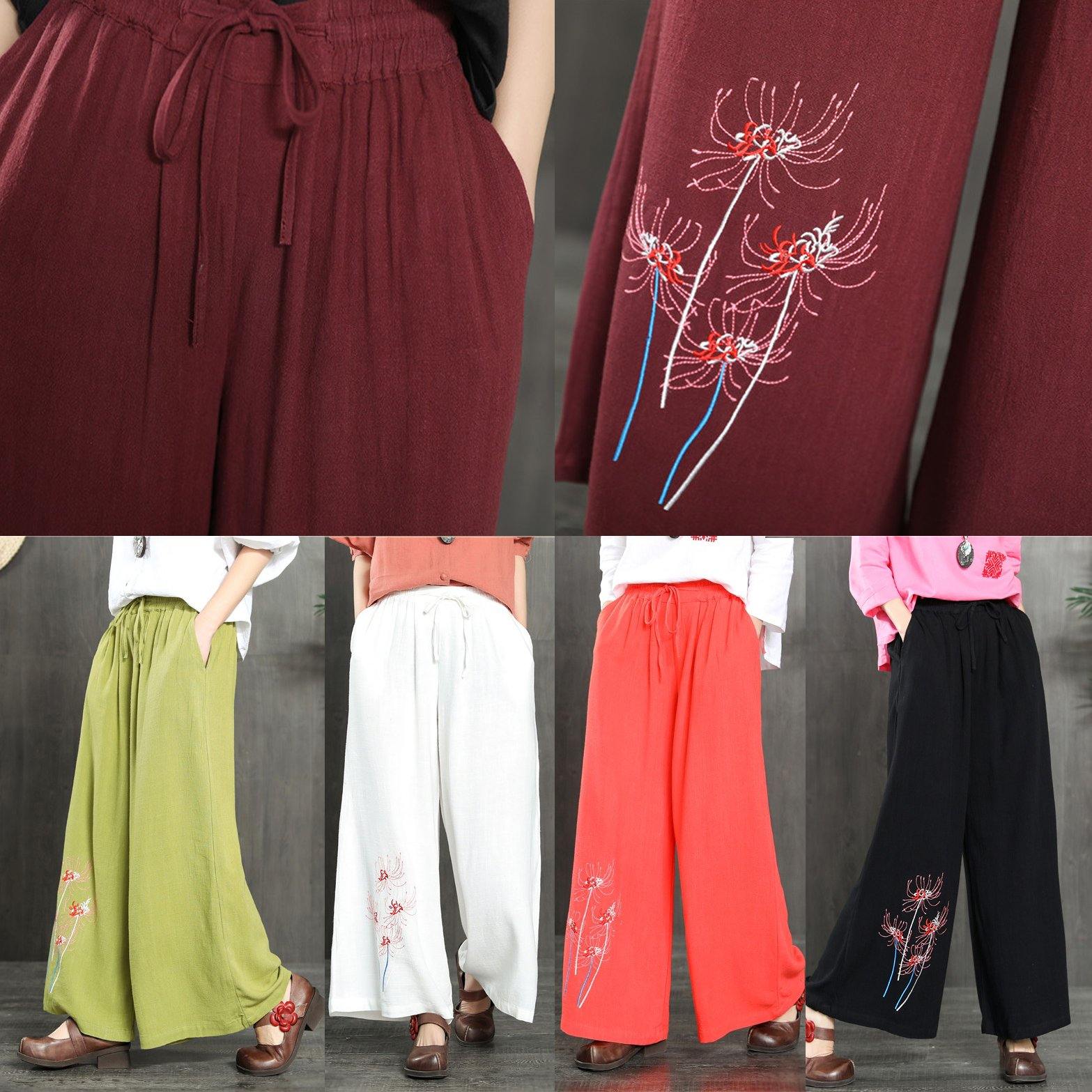 new burgundy linen embroidery wide leg pants plus size slim women trousers - Omychic