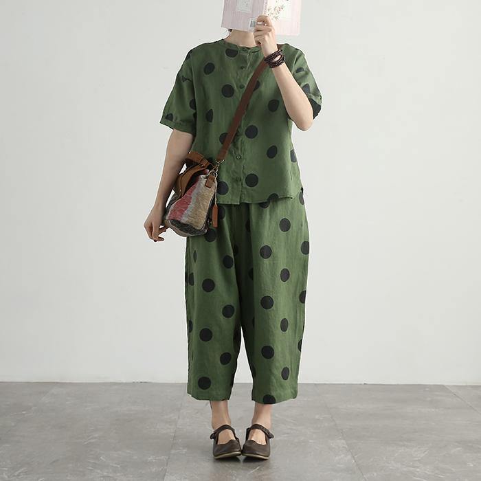 new cotton linen two pieces arm green dotted t shirt and crop pants - Omychic