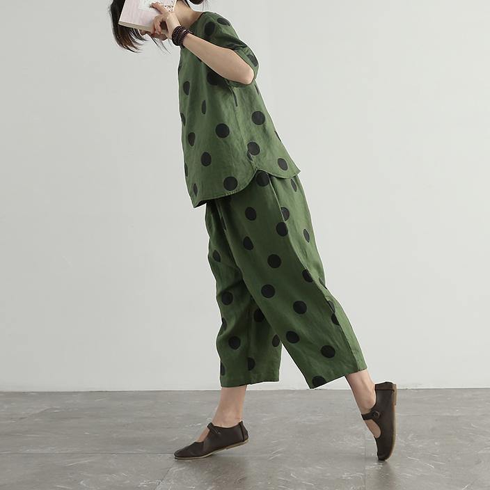 new cotton linen two pieces arm green dotted t shirt and crop pants - Omychic