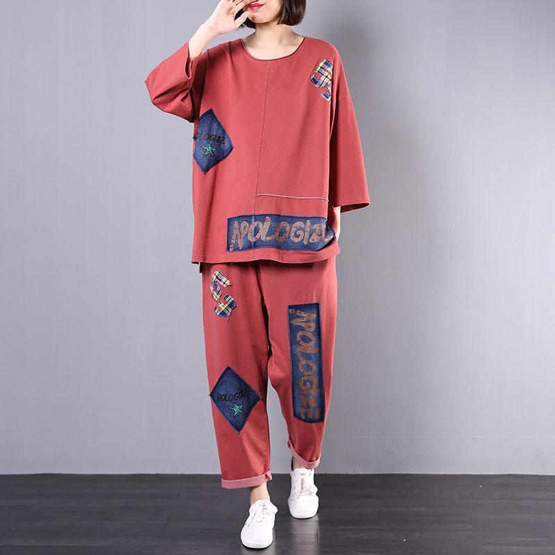 new fall red Appliques two pieces cotton o neck tops and women casual pants - Omychic