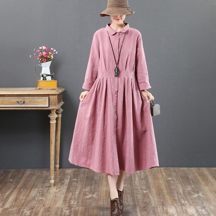 new fine pink long dresses loose casual lapel collar clothings tunic maxi dress - Omychic