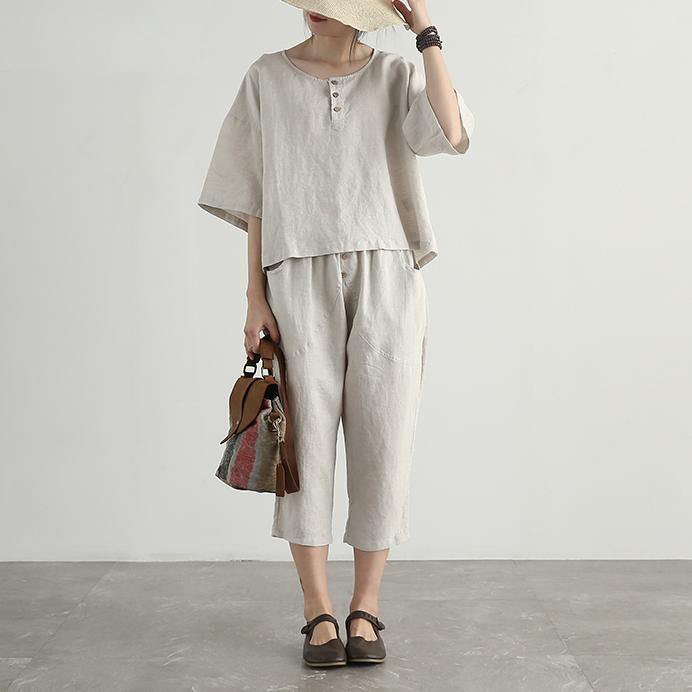 new gray cotton linen short sleeve t shirt and women pants two pieces - Omychic