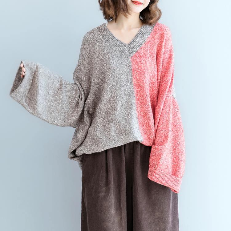 new gray patchwork red  knit sweaters oversize v neck pullover top quality loose sleeve blouse - Omychic