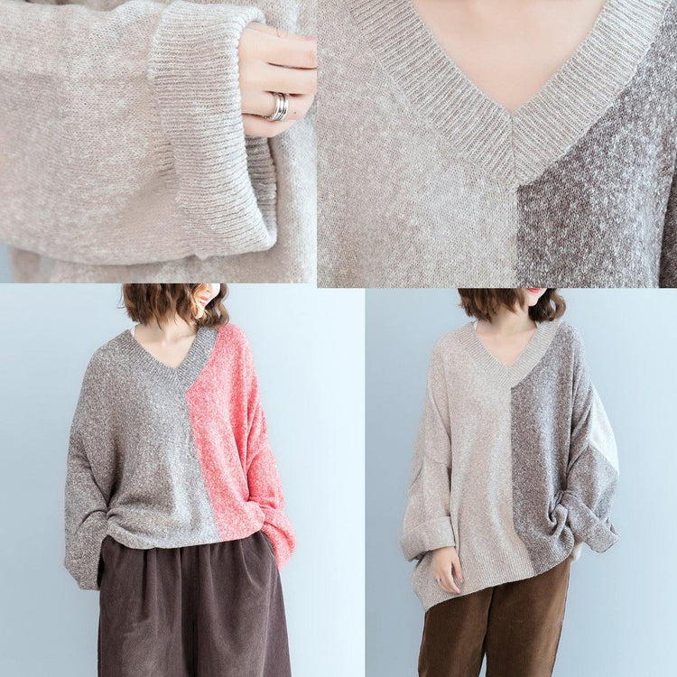 new gray patchwork red  knit sweaters oversize v neck pullover top quality loose sleeve blouse - Omychic