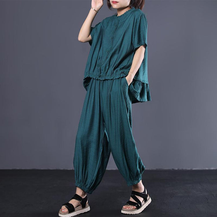 new green blended two pieces loose ruffles tops and fashion casual harem pants - Omychic