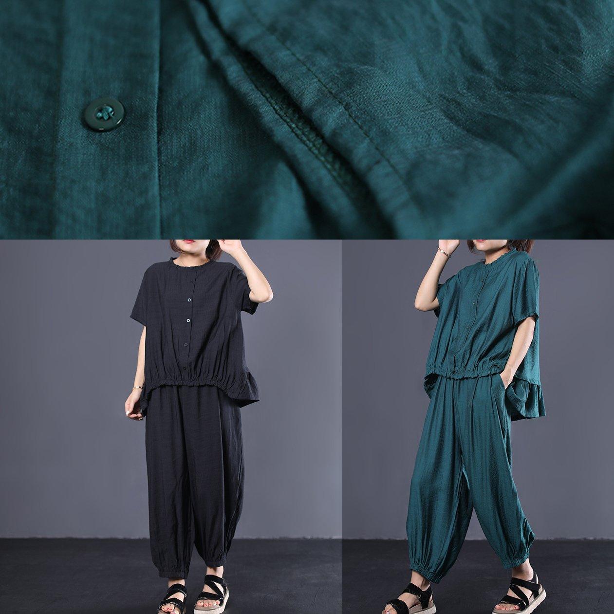 new green blended two pieces loose ruffles tops and fashion casual harem pants - Omychic